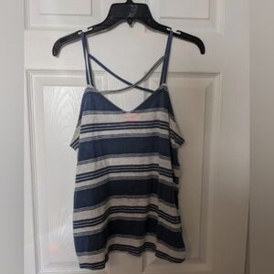 universal Thread Striped Blue White Spaghetti Cross Back Linen Tank Top Blouse